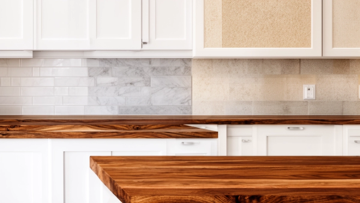 biała kuchnia drewniany blat jakie płytki