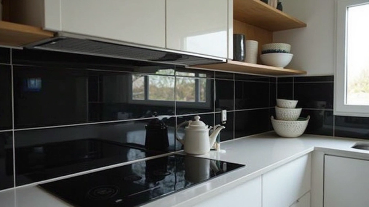 Czarne płytki między szafkami w kuchni