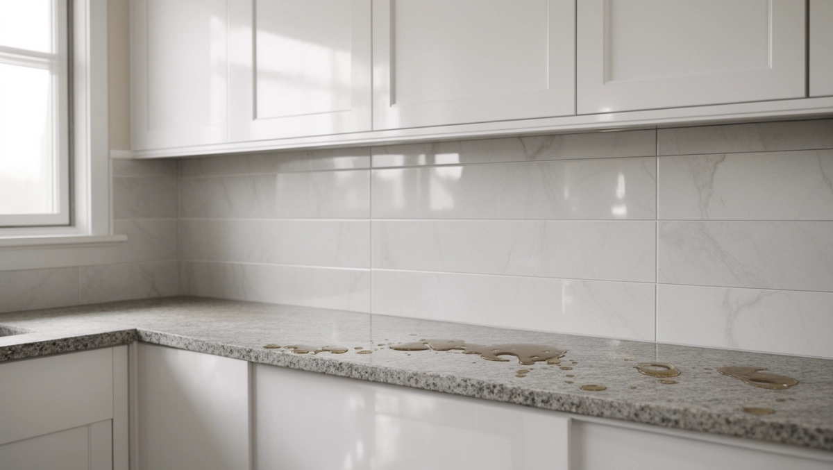 Duże płytki między meblami w kuchni