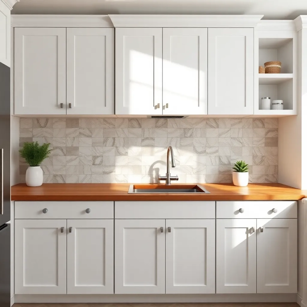 Jakie płytki do białej kuchni z drewnianym blatem