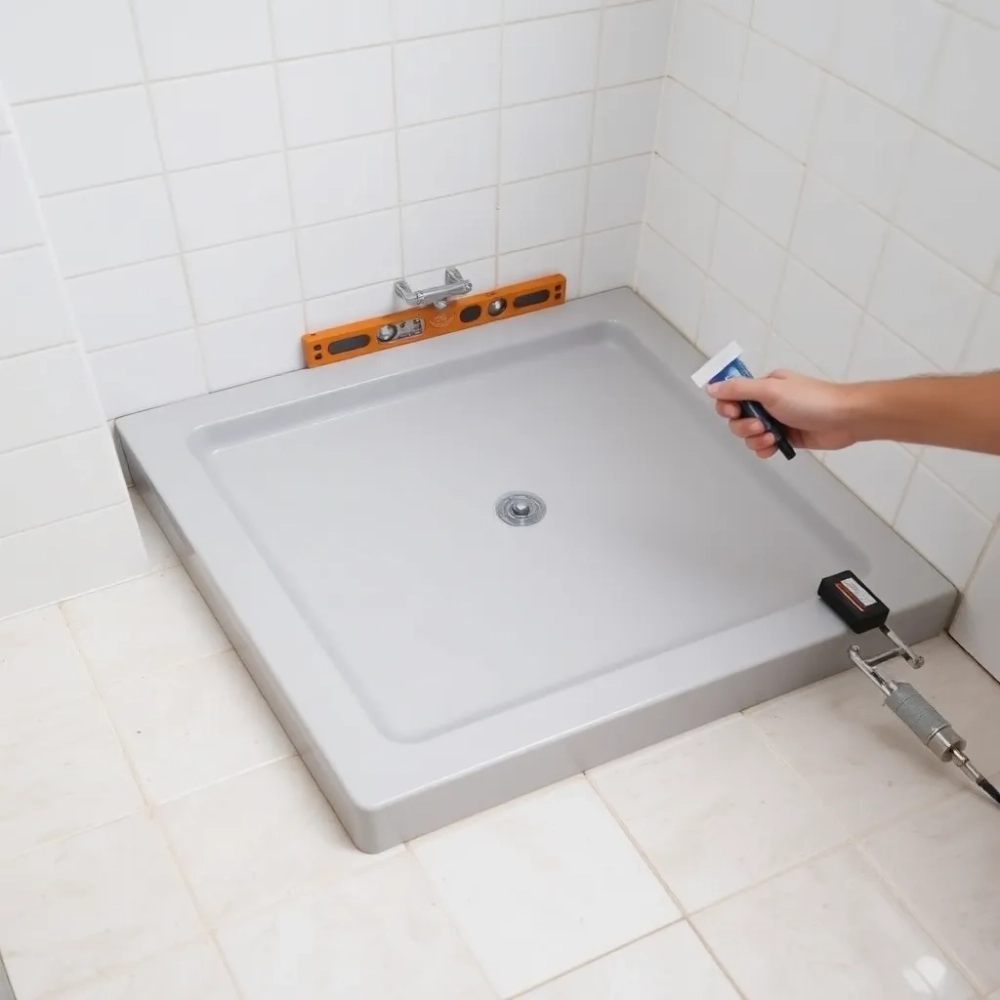 Montaż brodzika z konglomeratu na płytkach