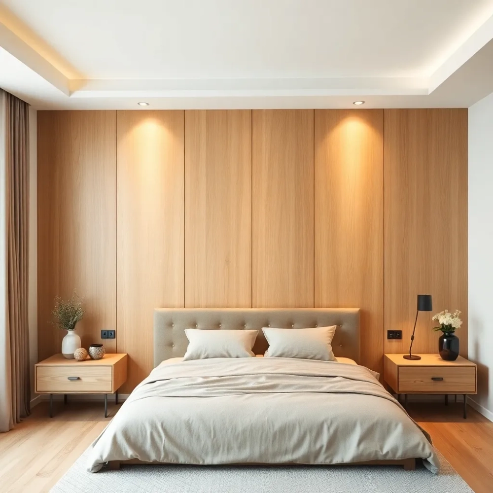 Panele podłogowe na ścianie w sypialni