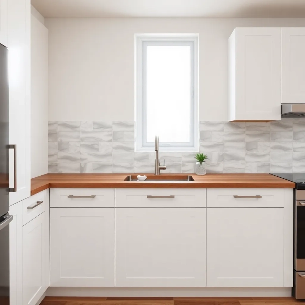 Płytki do białej kuchni z drewnianym blatem