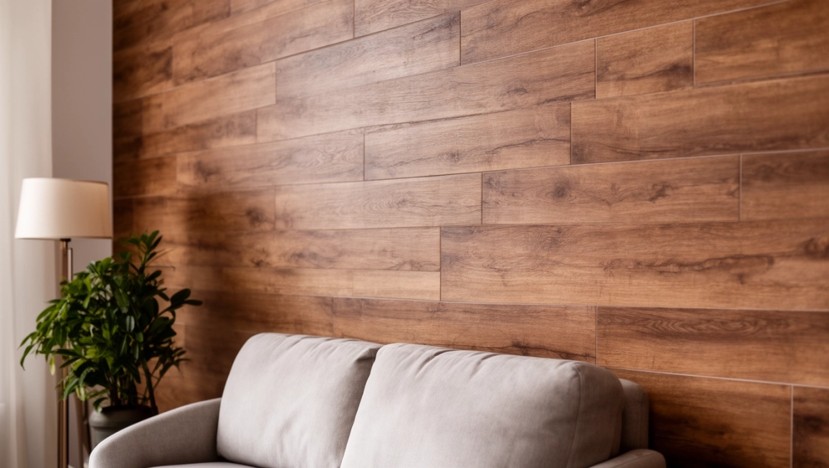 Płytki drewnopodobne na ścianę w salonie