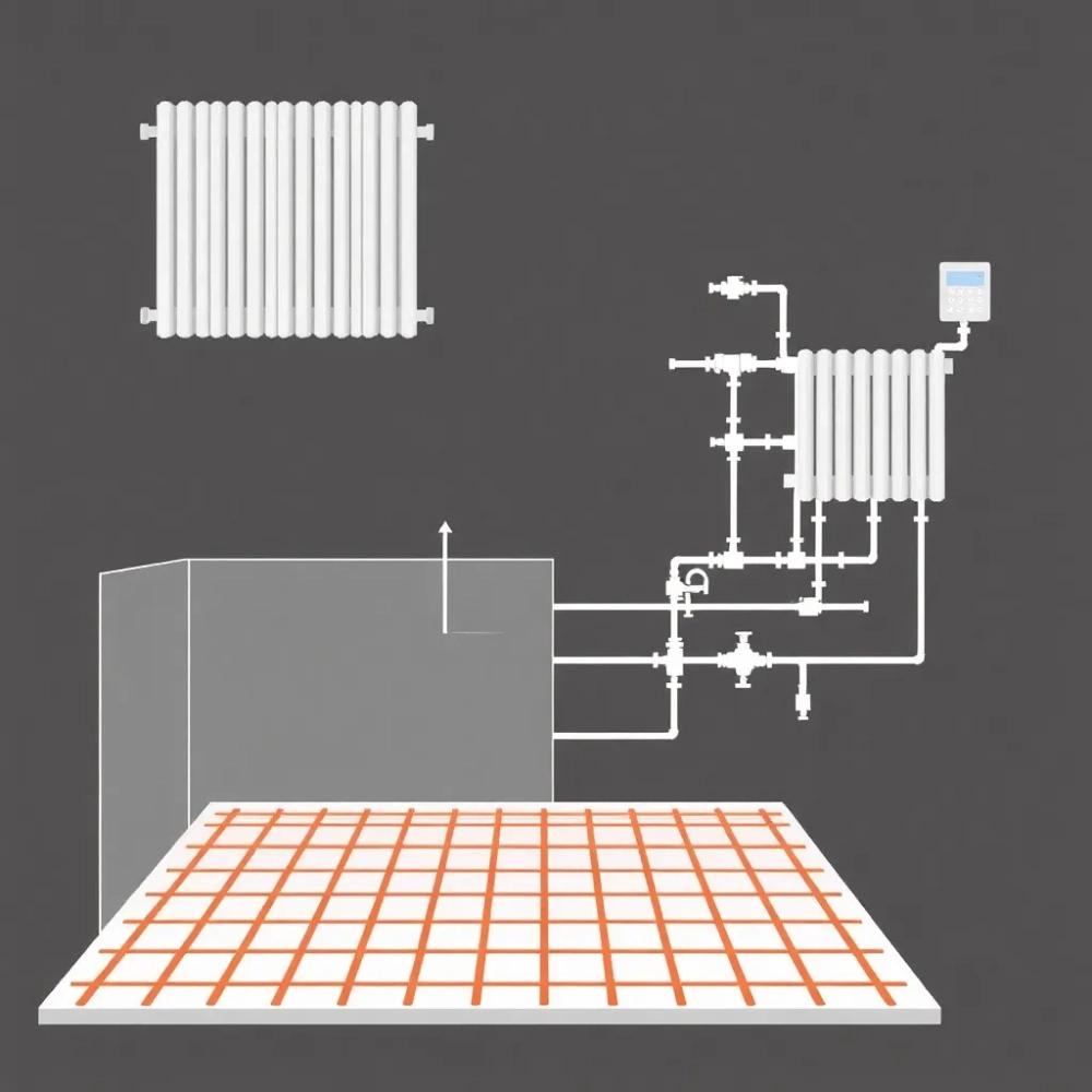 Schemat instalacji co grzejniki i podłogówka