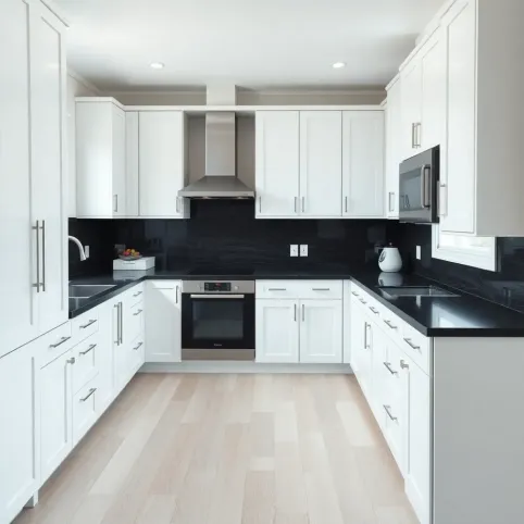 Biała kuchnia z czarnym blatem jaka podłoga