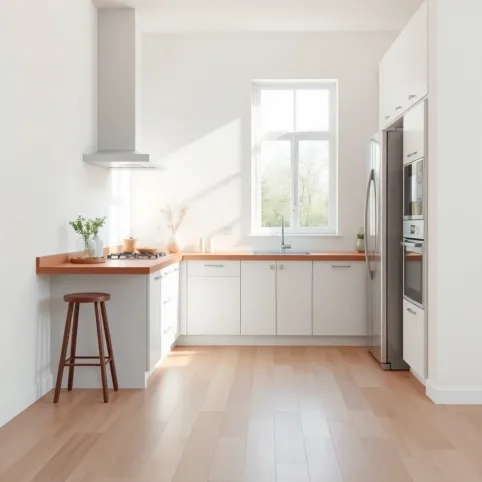 Biała kuchnia z drewnianym blatem  jaka podłoga