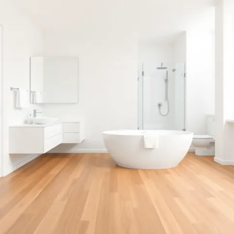 Biała łazienka z drewnianą podłogą