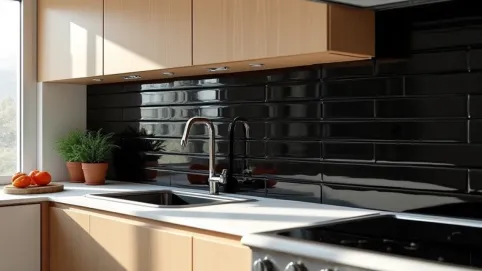 czarne płytki w kuchni na ścianie
