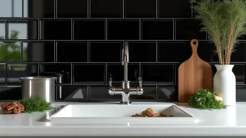 Czarne płytki w kuchni nad blatem