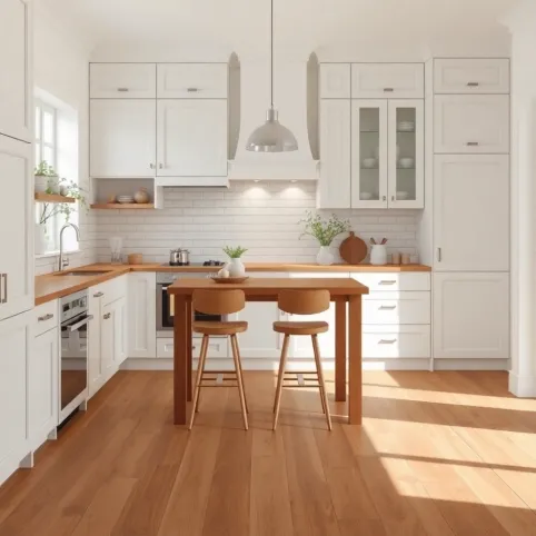 Jaka podłoga do białej kuchni z drewnianym blatem