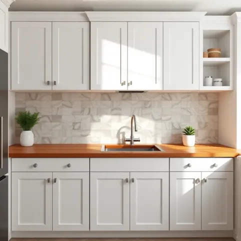 Jakie płytki do białej kuchni z drewnianym blatem