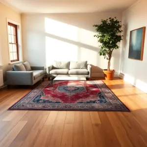 Salon z drewnianą podłogą