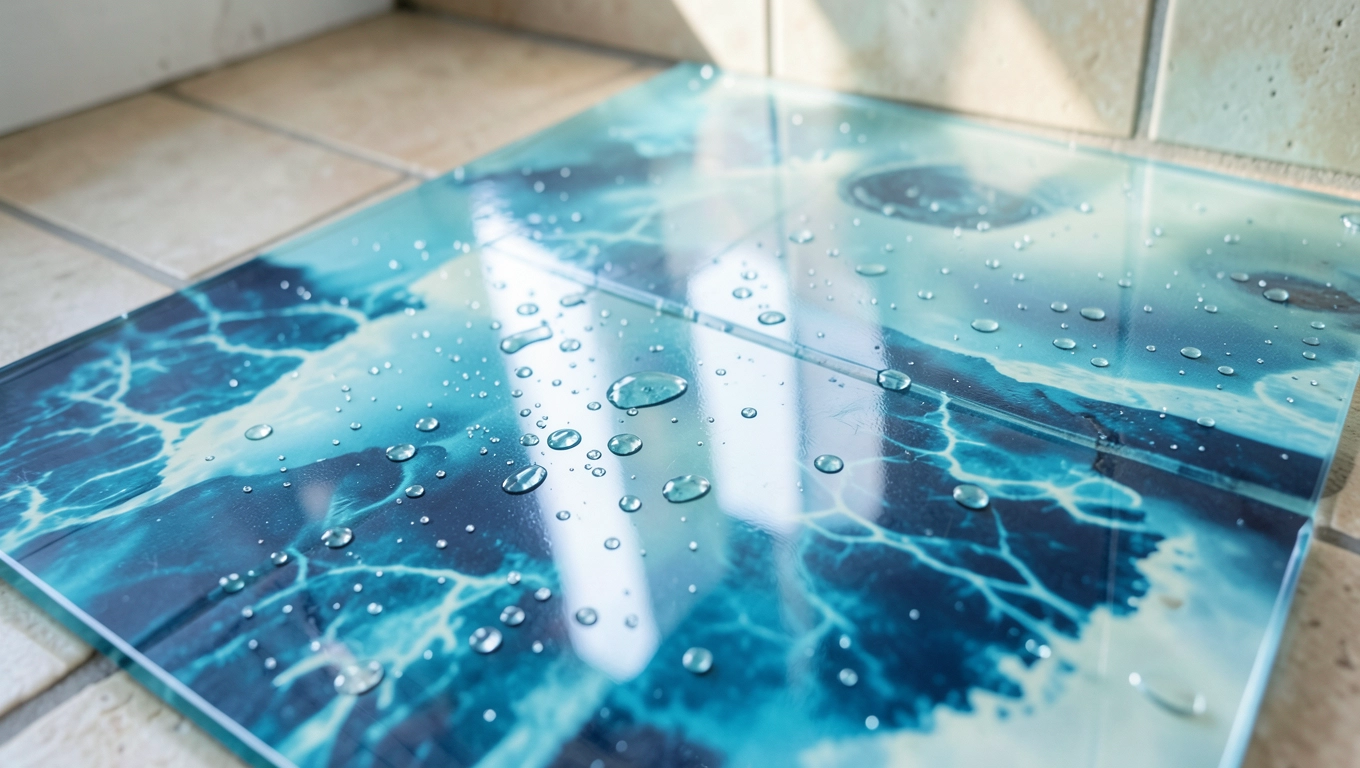 Szklane panele nad kafle w łazience