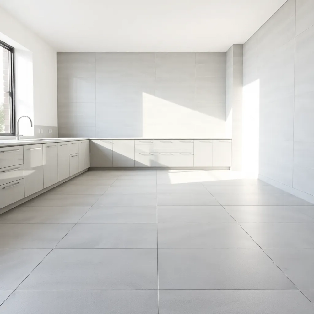 Takie same płytki na ścianie i podłodze w kuchni